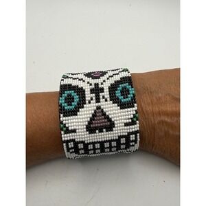 Sugar Skull Seed Bead Cuff Bracelet Day of the Dead Calavera Black White Teal